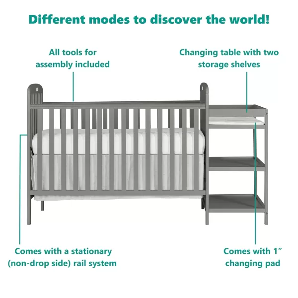 Anna 3-in-1 Full-Size Crib and Changing Table Combo in Steel Grey, Greenguard Gold Certified, Non-Toxic Finishes, Includes 1" Changing Pad, Wooden Nursery Furniture