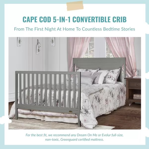 Cape Cod 5-in-1 Convertible Crib in Storm Grey, Greenguard Gold Certified, 55x30x44.5 Inch 