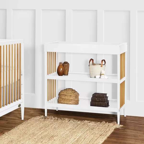 Clover 4-in-1 Modern Island Crib with Rounded Spindles in White, Convertible Crib, Mid-Century Meets Modern, Coordinates with The Clover Changing Counter