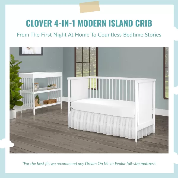 Clover 4-in-1 Modern Island Crib with Rounded Spindles in White, Convertible Crib, Mid-Century Meets Modern, Coordinates with The Clover Changing Counter