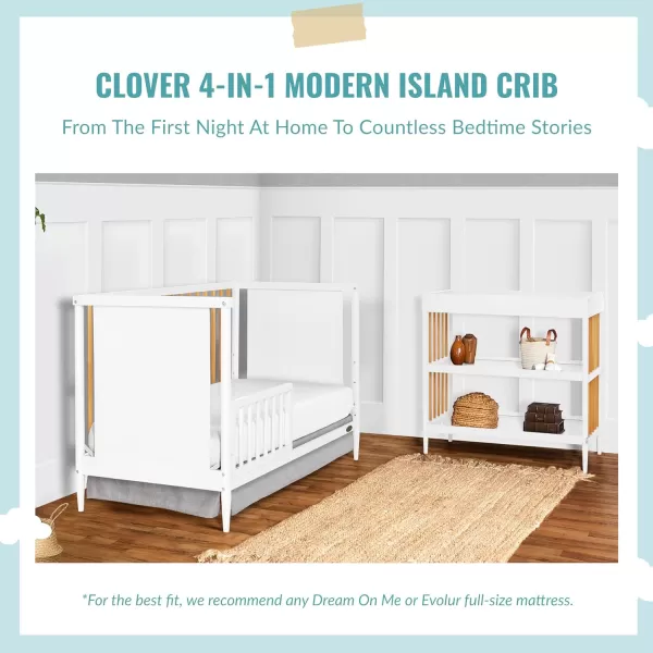 Clover 4-in-1 Modern Island Crib with Rounded Spindles in White, Convertible Crib, Mid-Century Meets Modern, Coordinates with The Clover Changing Counter