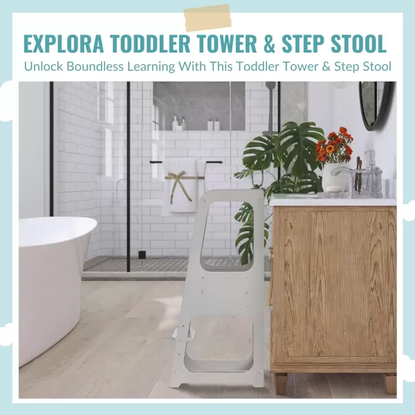 Explora Toddler &amp; Step Stool in White, Anti-Slip Base, Multipurpose Kids Step Stool, 3 Platform Heights, Chalkable Black Board