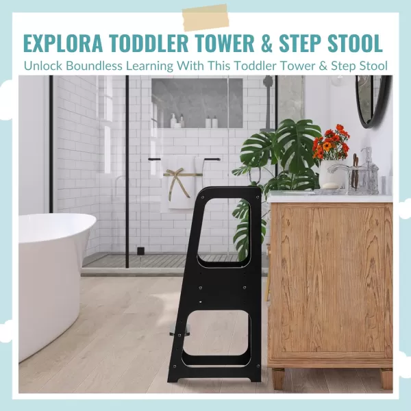 Explora Toddler &amp; Step Stool in White, Anti-Slip Base, Multipurpose Kids Step Stool, 3 Platform Heights, Chalkable Black Board