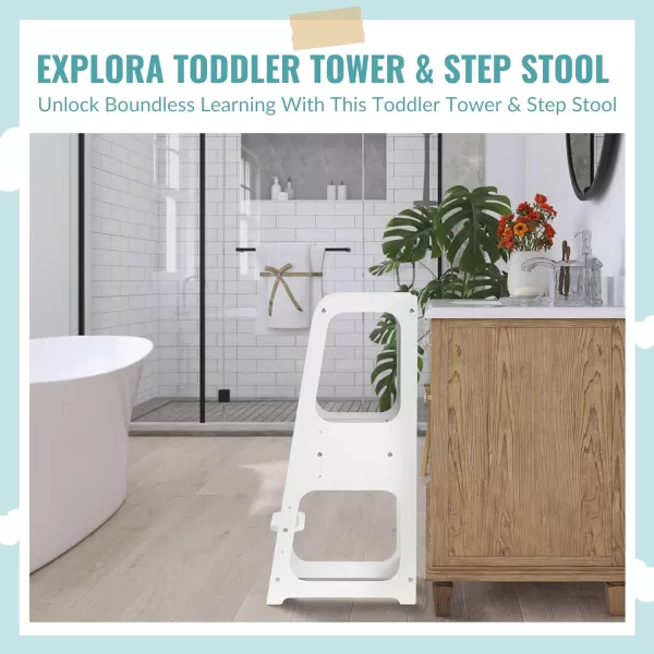 Explora Toddler &amp; Step Stool in White, Anti-Slip Base, Multipurpose Kids Step Stool, 3 Platform Heights, Chalkable Black Board