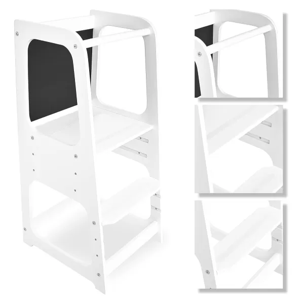 Explora Toddler &amp; Step Stool in White, Anti-Slip Base, Multipurpose Kids Step Stool, 3 Platform Heights, Chalkable Black Board