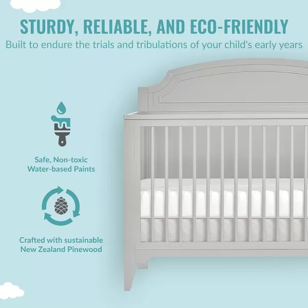 JPMA &amp; Greenguard Gold Certified Milton 5-in-1 Convertible Crib Made with Sustainable New Zealand Pinewood in Pebble Grey, Non-Toxic Finish