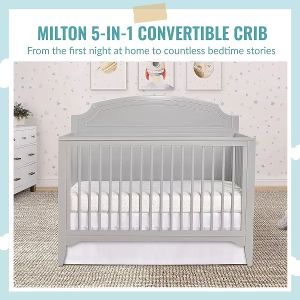 JPMA &amp; Greenguard Gold Certified Milton 5-in-1 Convertible Crib Made with Sustainable New Zealand Pinewood in Pebble Grey, Non-Toxic Finish