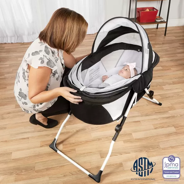 Karley Plus Baby Bassinet, Lightweight Compact Portable Bassinet, Easy and Quick Fold with Removable Double Canopy, Breathable Mesh Design, Ice Black