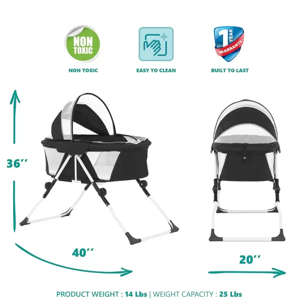 Karley Plus Baby Bassinet, Lightweight Compact Portable Bassinet, Easy and Quick Fold with Removable Double Canopy, Breathable Mesh Design, Ice Black