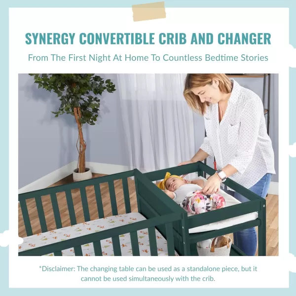 Synergy Convertible Crib and Changer in Olive with Detachable Changing Table, JPMA Certified, 1” Changing pad