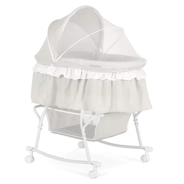 Dream On Me Lacy Portable 2-in-1 Bassinet &amp; Cradle in Light Grey, Lightweight Baby Bassinet with Storage Basket, Adjustable and Removable Canopy