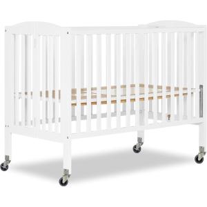 imageDream On Me Folding Full Size Convenience Crib In Storm Grey Two Adjustable Mattress Height Positions Comes With Heavy Duty Locking Wheels Flat FoldingWhite