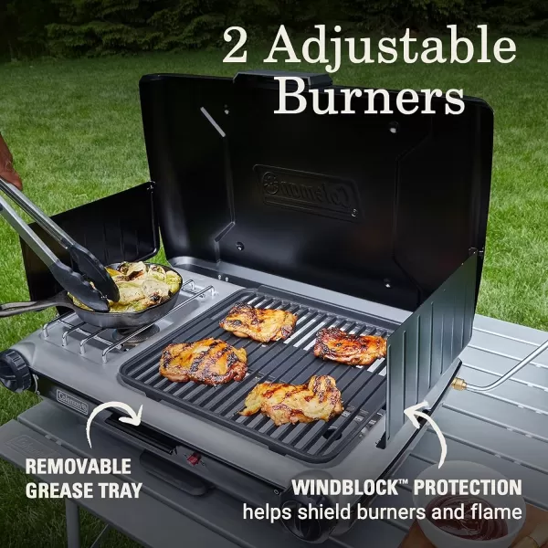 Coleman Classic 2-in-1 Camping Grill/Stove with 2 Adjustable Burners, Propane Grill/Stove with Push-Button Starter, Wind Guards, Grease Tray, &amp; 20,000 BTUs of Power for Camping, Tailgating, &amp; More