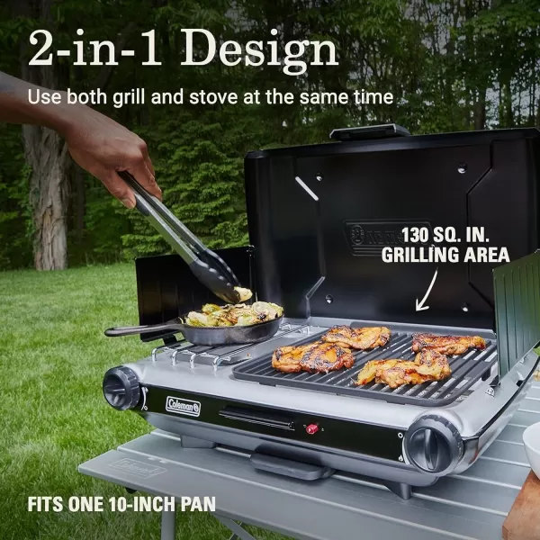 Coleman Classic 2-in-1 Camping Grill/Stove with 2 Adjustable Burners, Propane Grill/Stove with Push-Button Starter, Wind Guards, Grease Tray, &amp; 20,000 BTUs of Power for Camping, Tailgating, &amp; More