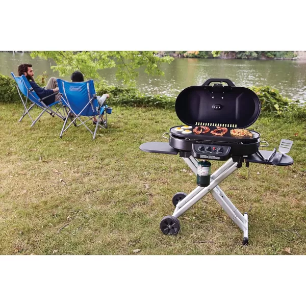 Coleman RoadTrip 285 Portable Stand-Up Propane Grill, Gas Grill with 3 Adjustable Burners &amp; Instastart Push-Button Ignition; Great for Camping, Tailgating, BBQ, Parties, Backyard, Patio &amp; More