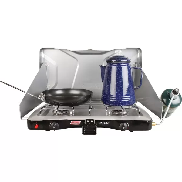 Coleman Triton+ 2-Burner Propane Camping Stove, Push-Button Instant Ignition, Portable Camp Grill, Adjustable Burners, Wind Guards, 22,000 Total BTUs of Power, Beach Cookouts, Backyard BBQ, Tailgating