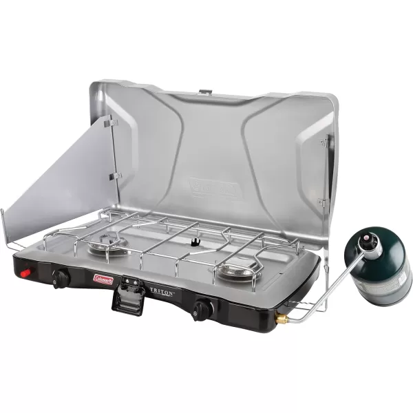 Coleman Triton+ 2-Burner Propane Camping Stove, Push-Button Instant Ignition, Portable Camp Grill, Adjustable Burners, Wind Guards, 22,000 Total BTUs of Power, Beach Cookouts, Backyard BBQ, Tailgating