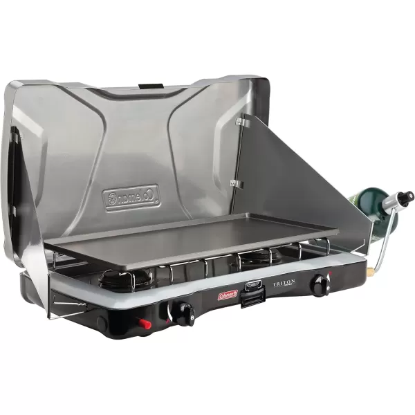 Coleman Triton+ 2-Burner Propane Camping Stove, Push-Button Instant Ignition, Portable Camp Grill, Adjustable Burners, Wind Guards, 22,000 Total BTUs of Power, Beach Cookouts, Backyard BBQ, Tailgating