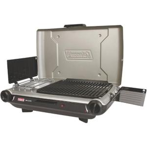 imageColeman Tabletop 2in1 Grill ampamp Stove with 2 Adjustable Burners Propane GrillStove with PushButton Starter Wind Guards Grease Tray ampamp 20000 BTUs of Power for Camping Tailgating ampamp MoreSilver