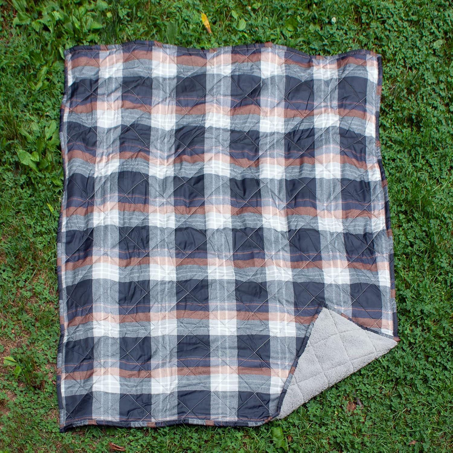 imageCathay Home Coleman Indoor Outdoor Reversible Water Resistant and Sherpa Throw Blanket 50x60 Inch Light BlueNavy