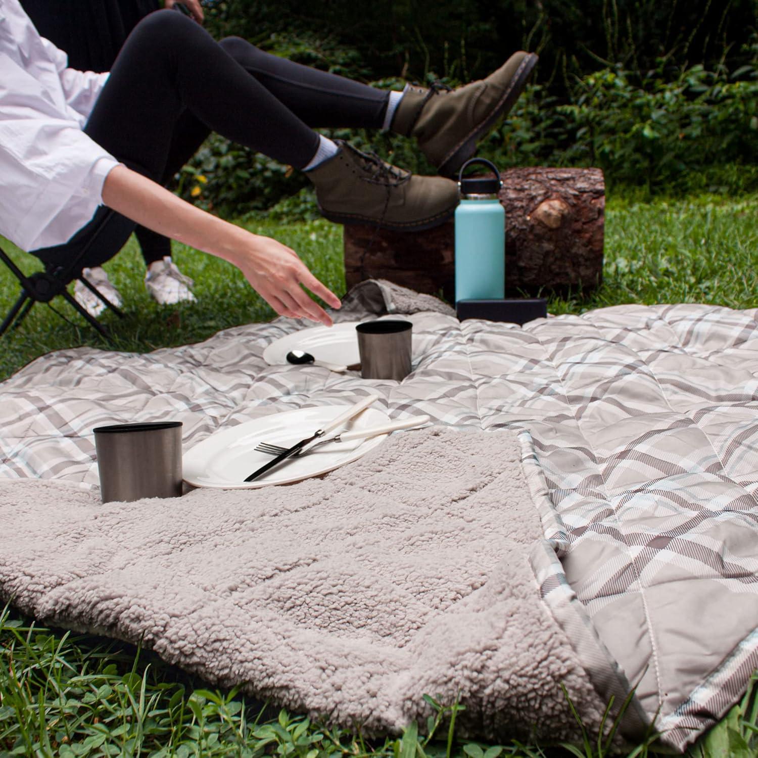 imageCathay Home Coleman Indoor Outdoor Reversible Water Resistant and Sherpa Throw Blanket 50x60 Inch Light BlueTaupe