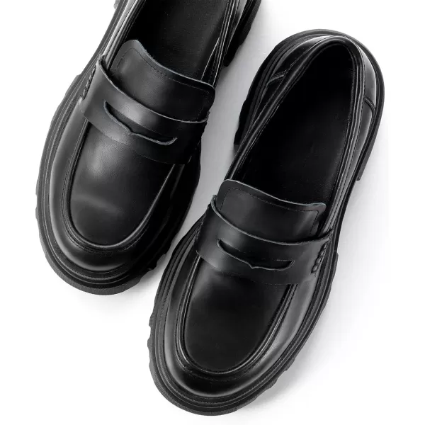 ADAMUM Loafers for Women Lug Sole Platform Mid Chunky Loafers Classic Round Toe Slip On Office Chain Leather Loafers Comfortable Penny Casual Shoes