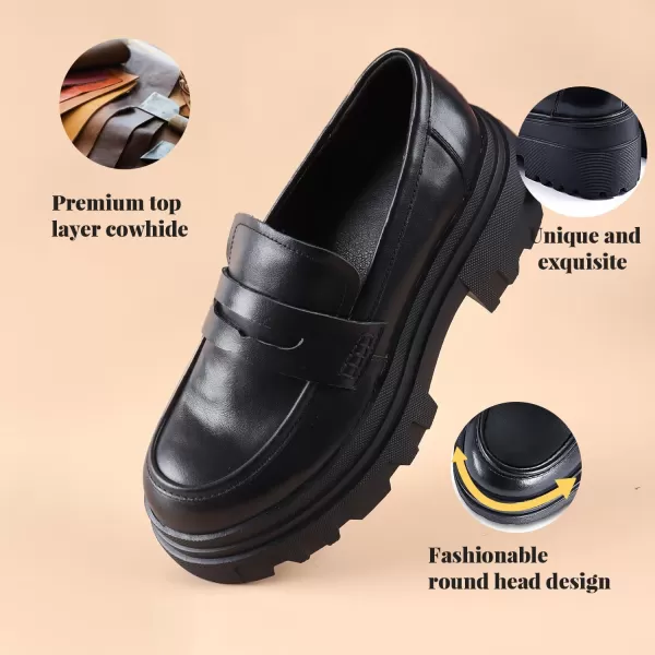 ADAMUM Loafers for Women Lug Sole Platform Mid Chunky Loafers Classic Round Toe Slip On Office Chain Leather Loafers Comfortable Penny Casual Shoes