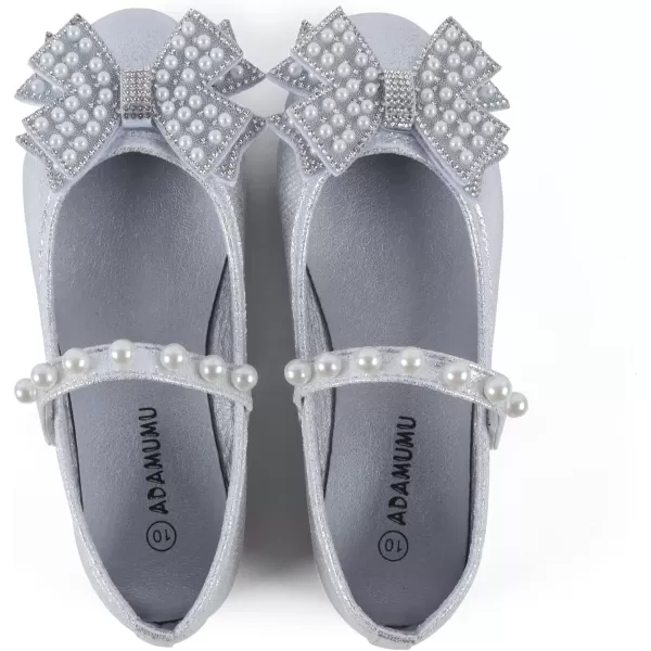 ADAMUMU Girls Dress Shoes Cute Bow Mary Jane Shoes Ballerina Flats with Satin Ankle Tie,Flower Girls for Wedding Sparkly Birthday Party or School Daily Dress Up