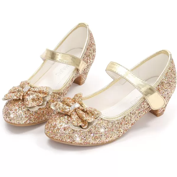 ADAMUMU Girls Dress Shoes Princess High Heel Mary Jane Glitter Shoes in Wedding Party for Toddler Little Big Girl with Bowknot Flower Velcro