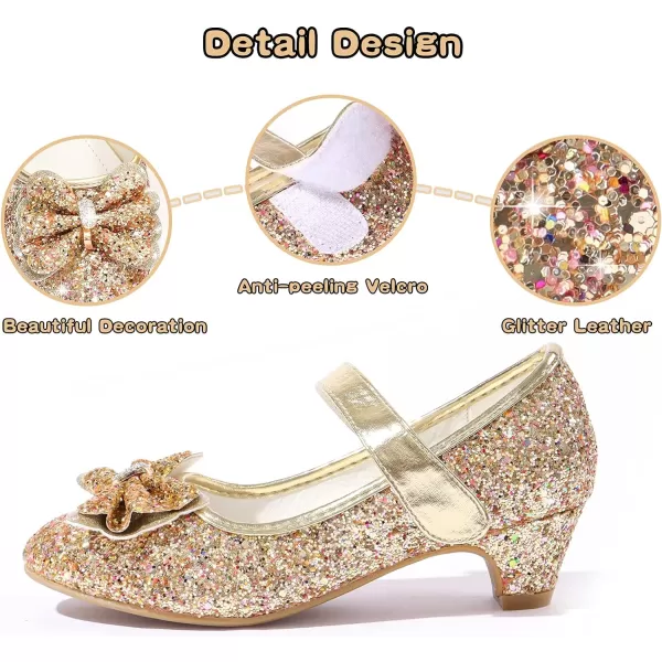 ADAMUMU Girls Dress Shoes Princess High Heel Mary Jane Glitter Shoes in Wedding Party for Toddler Little Big Girl with Bowknot Flower Velcro