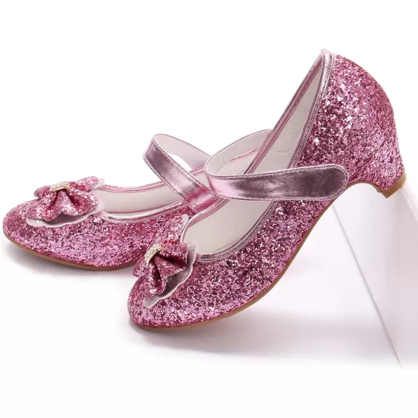 ADAMUMU Girls Dress Shoes Princess High Heel Mary Jane Glitter Shoes in Wedding Party for Toddler Little Big Girl with Bowknot Flower Velcro