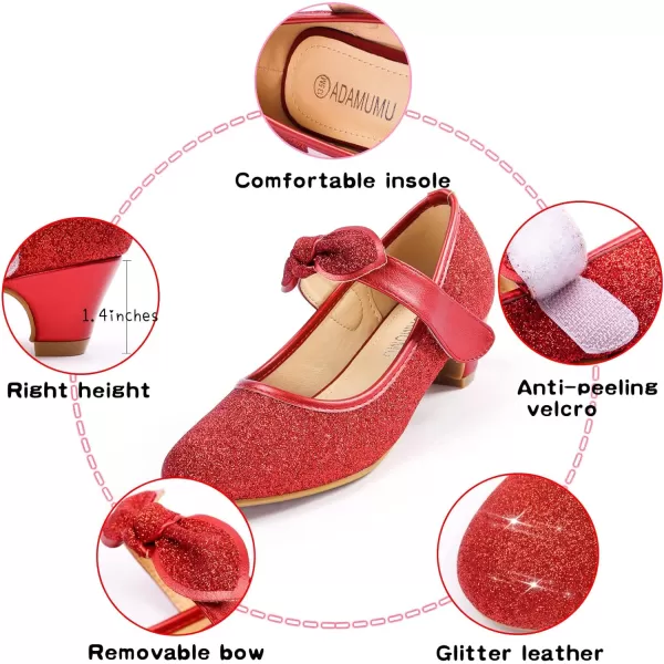 ADAMUMU Girls Dress Shoes Princess High Heel Mary Jane Glitter Shoes in Wedding Party for Toddler Little Big Girl with Bowknot Flower Velcro