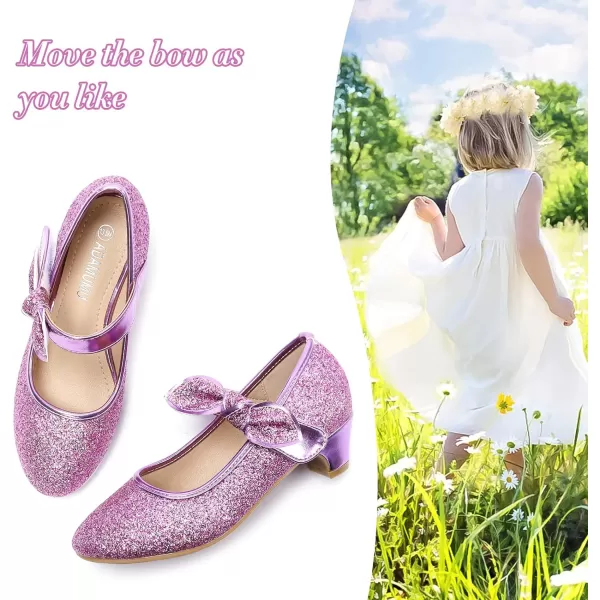 ADAMUMU Girls Dress Shoes Princess High Heel Mary Jane Glitter Shoes in Wedding Party for Toddler Little Big Girl with Bowknot Flower Velcro