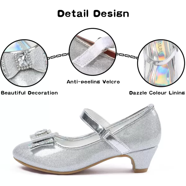 ADAMUMU Girls Dress Shoes Princess High Heel Mary Jane Glitter Shoes in Wedding Party for Toddler Little Big Girl with Bowknot Flower Velcro
