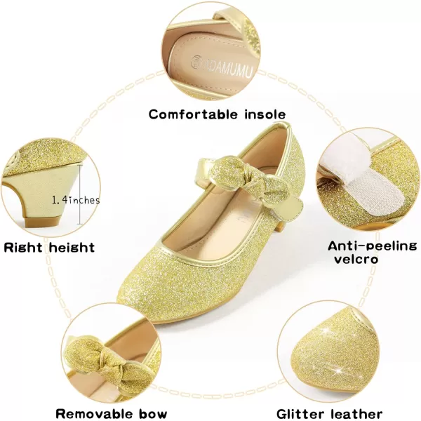 ADAMUMU Girls Dress Shoes Princess High Heel Mary Jane Glitter Shoes in Wedding Party for Toddler Little Big Girl with Bowknot Flower Velcro