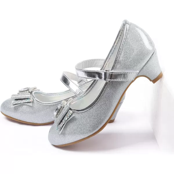 ADAMUMU Girls Dress Shoes Princess High Heel Mary Jane Glitter Shoes in Wedding Party for Toddler Little Big Girl with Bowknot Flower Velcro
