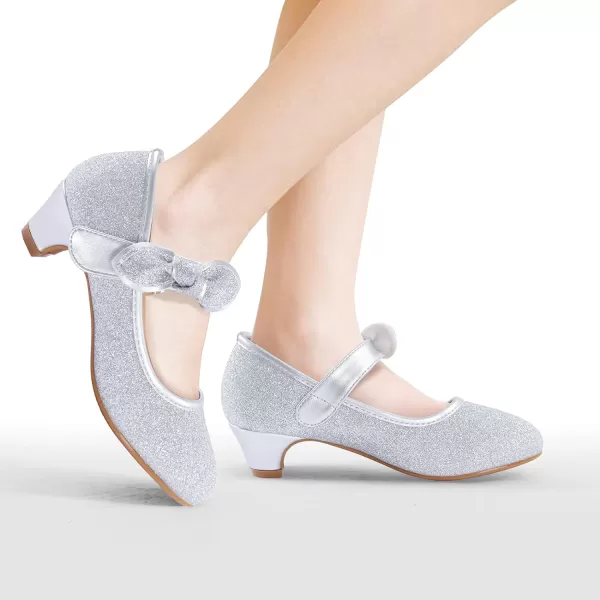 ADAMUMU Girls Dress Shoes Princess High Heel Mary Jane Glitter Shoes in Wedding Party for Toddler Little Big Girl with Bowknot Flower Velcro