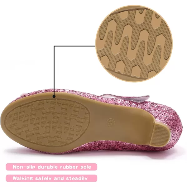 ADAMUMU Girls Dress Shoes Princess High Heel Mary Jane Glitter Shoes in Wedding Party for Toddler Little Big Girl with Bowknot Flower Velcro