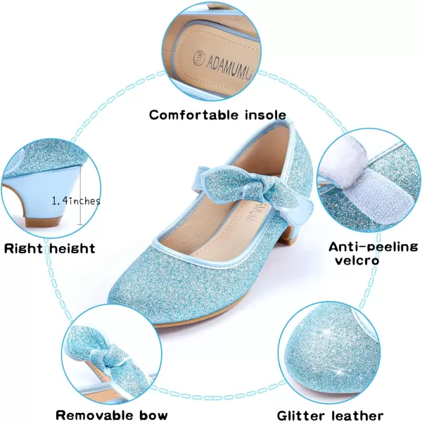 ADAMUMU Girls Dress Shoes Princess High Heel Mary Jane Glitter Shoes in Wedding Party for Toddler Little Big Girl with Bowknot Flower Velcro