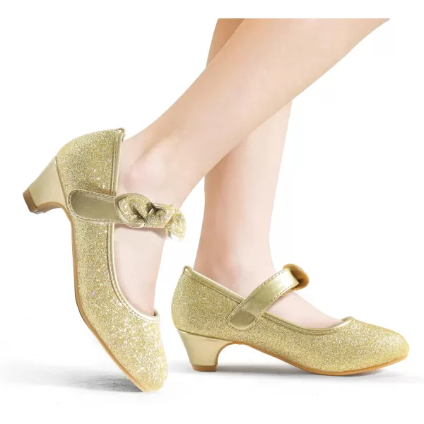 ADAMUMU Girls Dress Shoes Princess High Heel Mary Jane Glitter Shoes in Wedding Party for Toddler Little Big Girl with Bowknot Flower Velcro