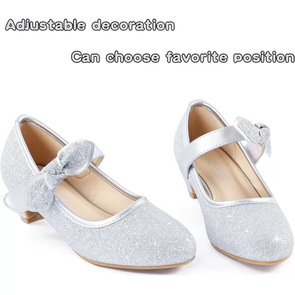 ADAMUMU Girls Dress Shoes Princess High Heel Mary Jane Glitter Shoes in Wedding Party for Toddler Little Big Girl with Bowknot Flower Velcro
