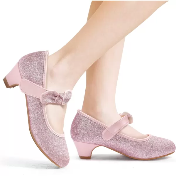 ADAMUMU Girls Dress Shoes Princess High Heel Mary Jane Glitter Shoes in Wedding Party for Toddler Little Big Girl with Bowknot Flower Velcro