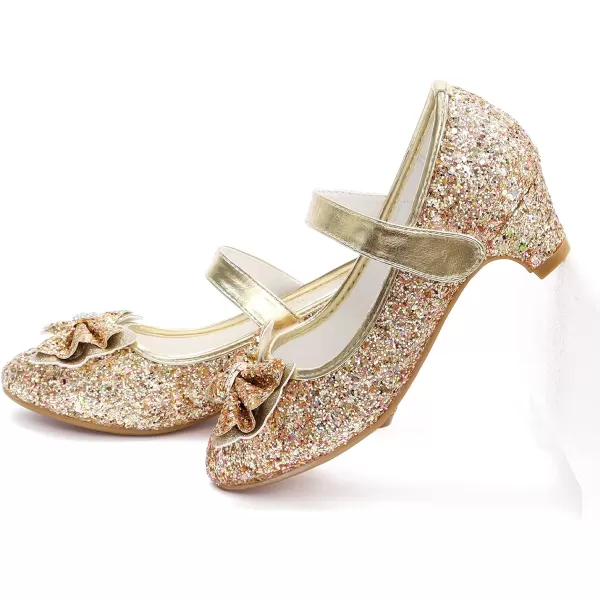 ADAMUMU Girls Dress Shoes Princess High Heel Mary Jane Glitter Shoes in Wedding Party for Toddler Little Big Girl with Bowknot Flower Velcro