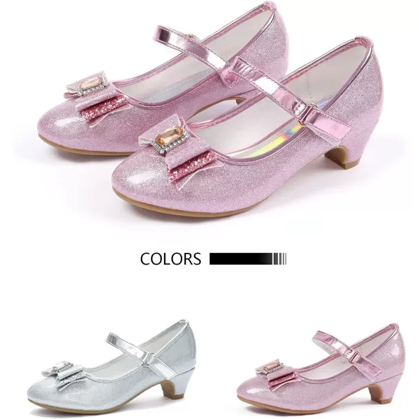 ADAMUMU Girls Dress Shoes Princess High Heel Mary Jane Glitter Shoes in Wedding Party for Toddler Little Big Girl with Bowknot Flower Velcro