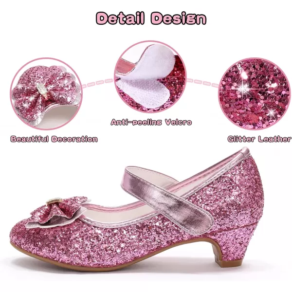 ADAMUMU Girls Dress Shoes Princess High Heel Mary Jane Glitter Shoes in Wedding Party for Toddler Little Big Girl with Bowknot Flower Velcro