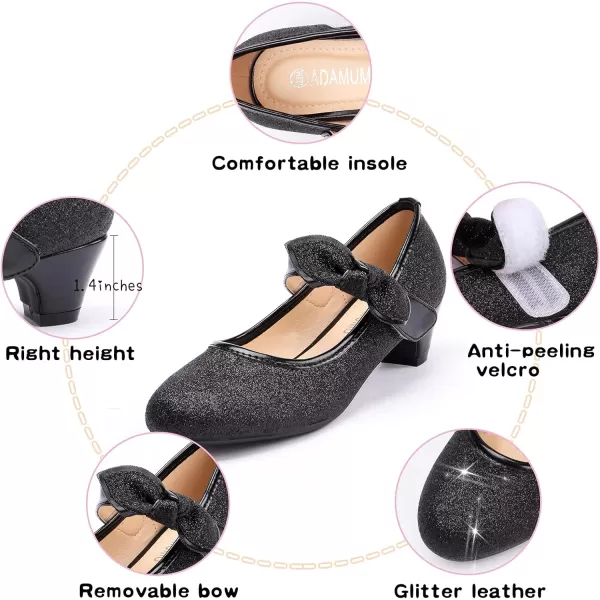 ADAMUMU Girls Dress Shoes Princess High Heel Mary Jane Glitter Shoes in Wedding Party for Toddler Little Big Girl with Bowknot Flower Velcro