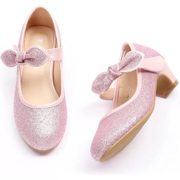 ADAMUMU Girls Dress Shoes Princess High Heel Mary Jane Glitter Shoes in Wedding Party for Toddler Little Big Girl with Bowknot Flower Velcro