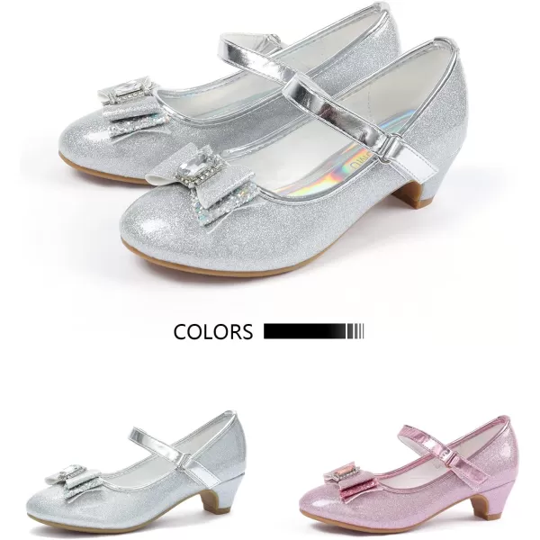 ADAMUMU Girls Dress Shoes Princess High Heel Mary Jane Glitter Shoes in Wedding Party for Toddler Little Big Girl with Bowknot Flower Velcro
