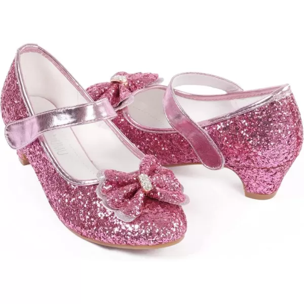 ADAMUMU Girls Dress Shoes Princess High Heel Mary Jane Glitter Shoes in Wedding Party for Toddler Little Big Girl with Bowknot Flower Velcro