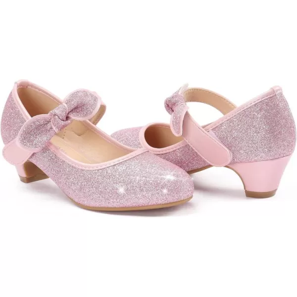 ADAMUMU Girls Dress Shoes Princess High Heel Mary Jane Glitter Shoes in Wedding Party for Toddler Little Big Girl with Bowknot Flower Velcro